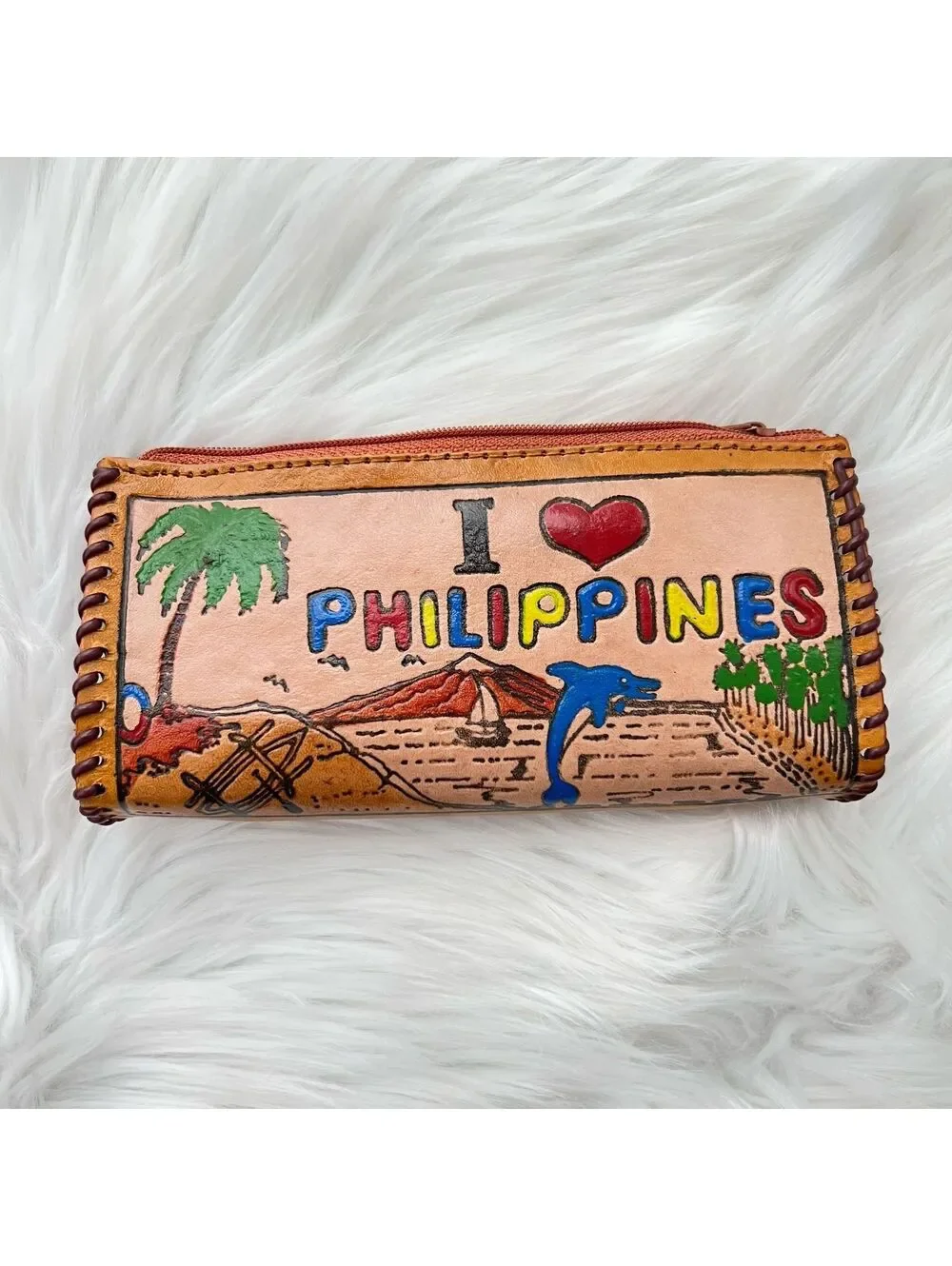 Philippines Leather Wallet Hand Tooled Painted Souvenir Zip Coin Purse 6”